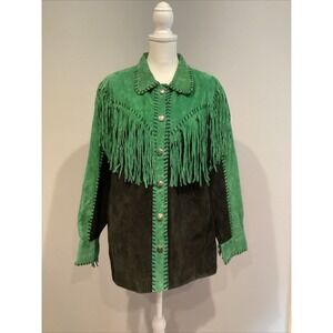 Vintage Bob Mackie Emerald Green Fringe Suede Jacket Small But fits Big